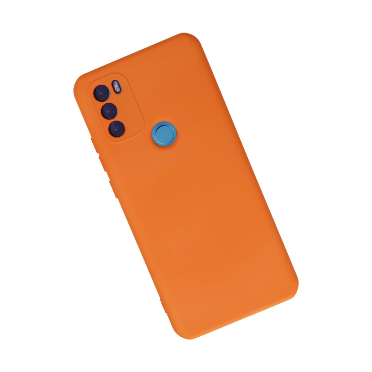 Üç kamera lensi ve mavi parmak izi sensörlü turuncu telefon kılıfı.