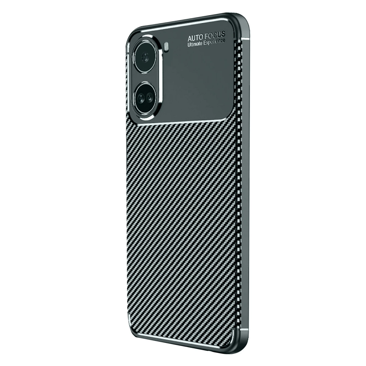 Karbon fiber desenli, iki kameralı siyah telefon kılıfı.