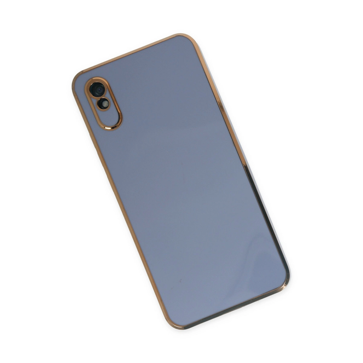 Altın kenarlı, iki lensli gri telefon kılıfı.