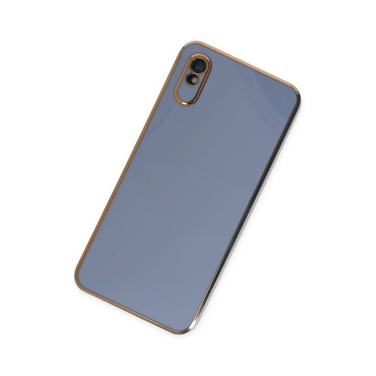 Altın çerçeveli, iki kameralı gri telefon kılıfı.