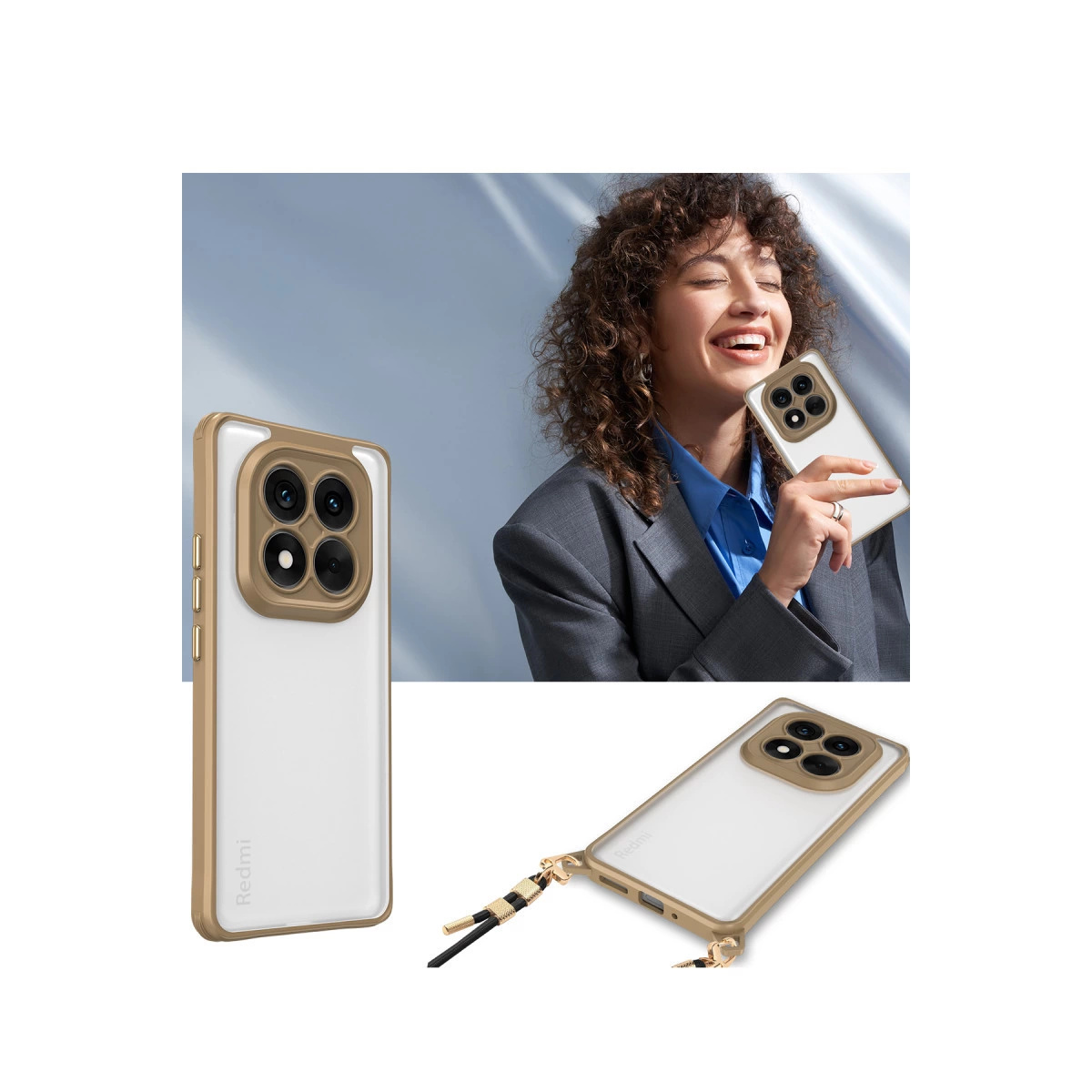 Kıvırcık saçlı kadın, kameralı ve kordonlu telefon tutuyor. Telefonun arkası görünür.