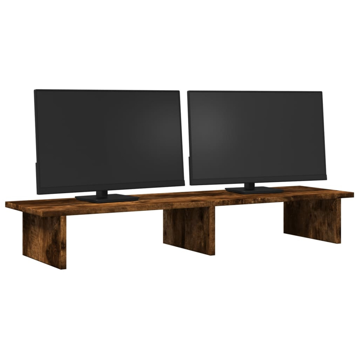 Zwei schwarze Monitore stehen auf einem dunklen Holzständer.