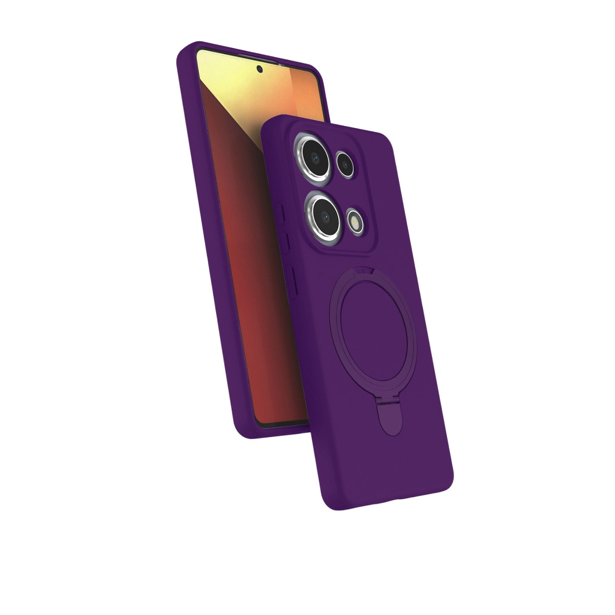 Halka tutuculu ve kamera oyuklu mor telefon kılıfı, beyaz arka plan üzerinde.