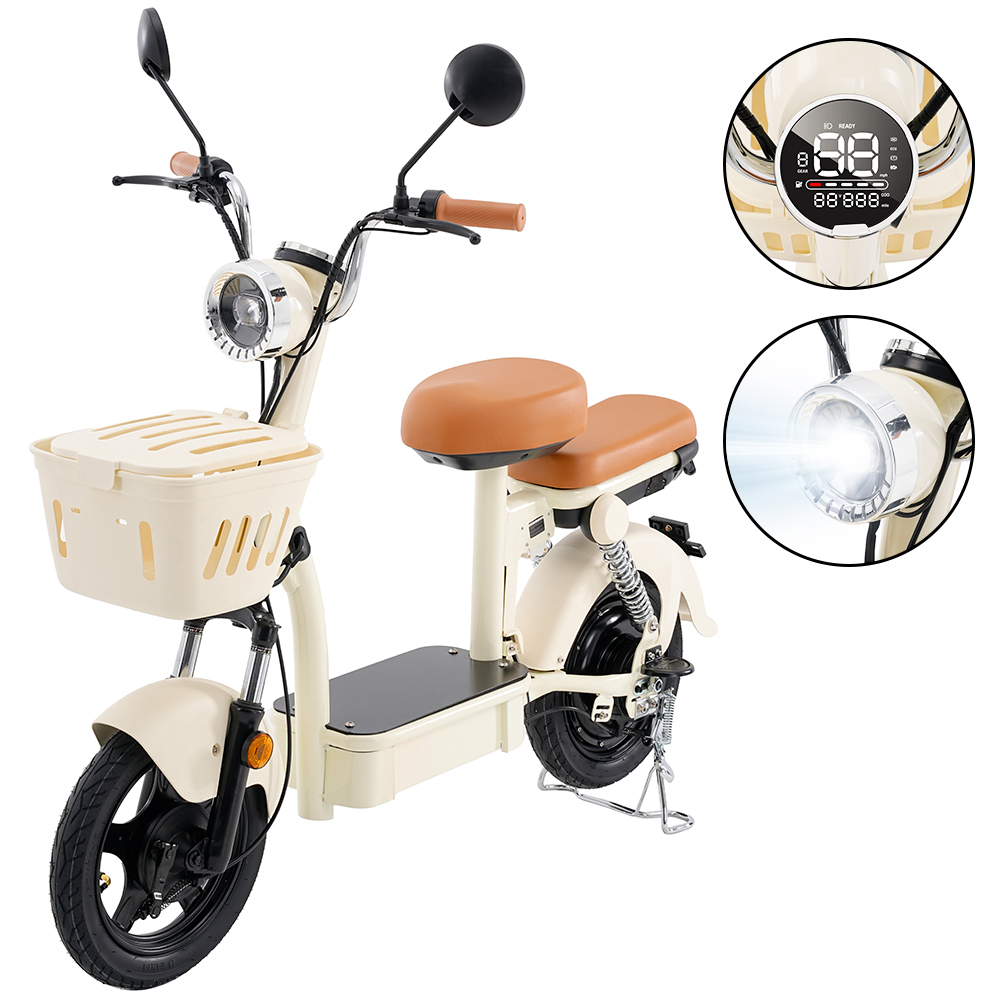 Uno scooter elettrico color crema con sedili marroni, cestino e display digitale.
