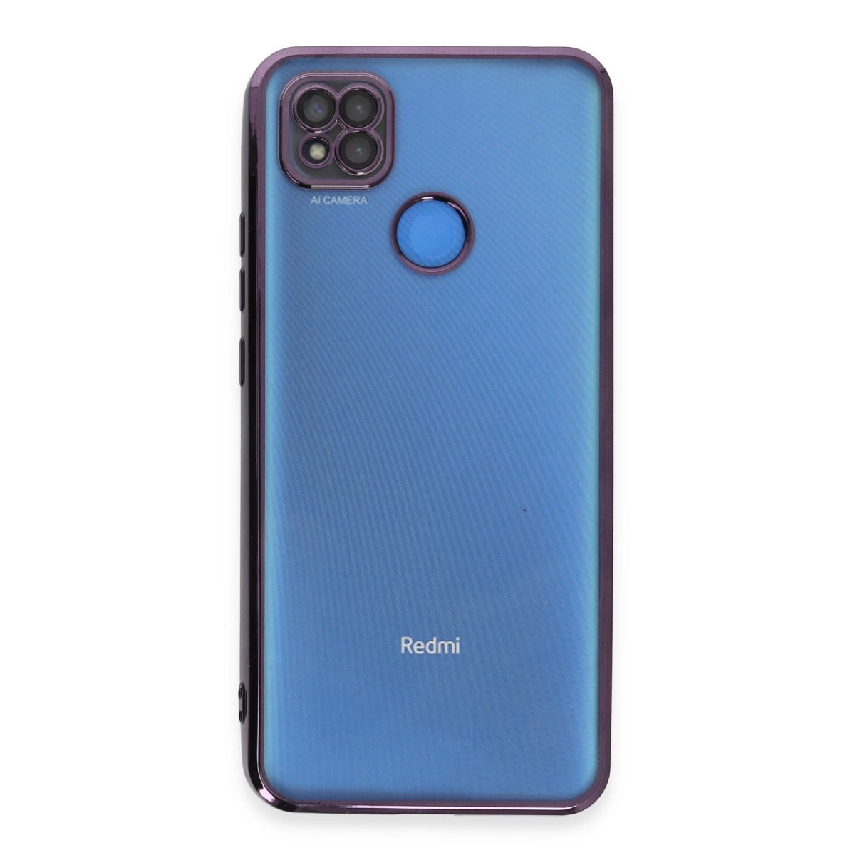Kare kamera modülü ve yuvarlak parmak izi sensörlü mavi telefon kılıfı.