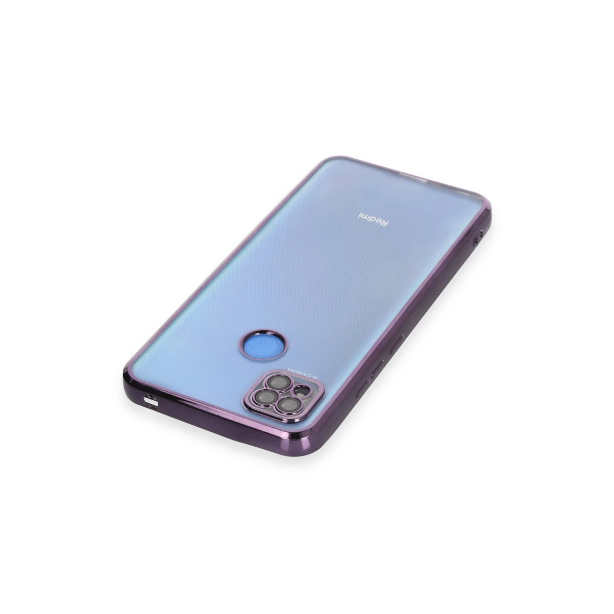 Mor çerçeveli şeffaf telefon kılıfı beyaz zeminde duruyor.