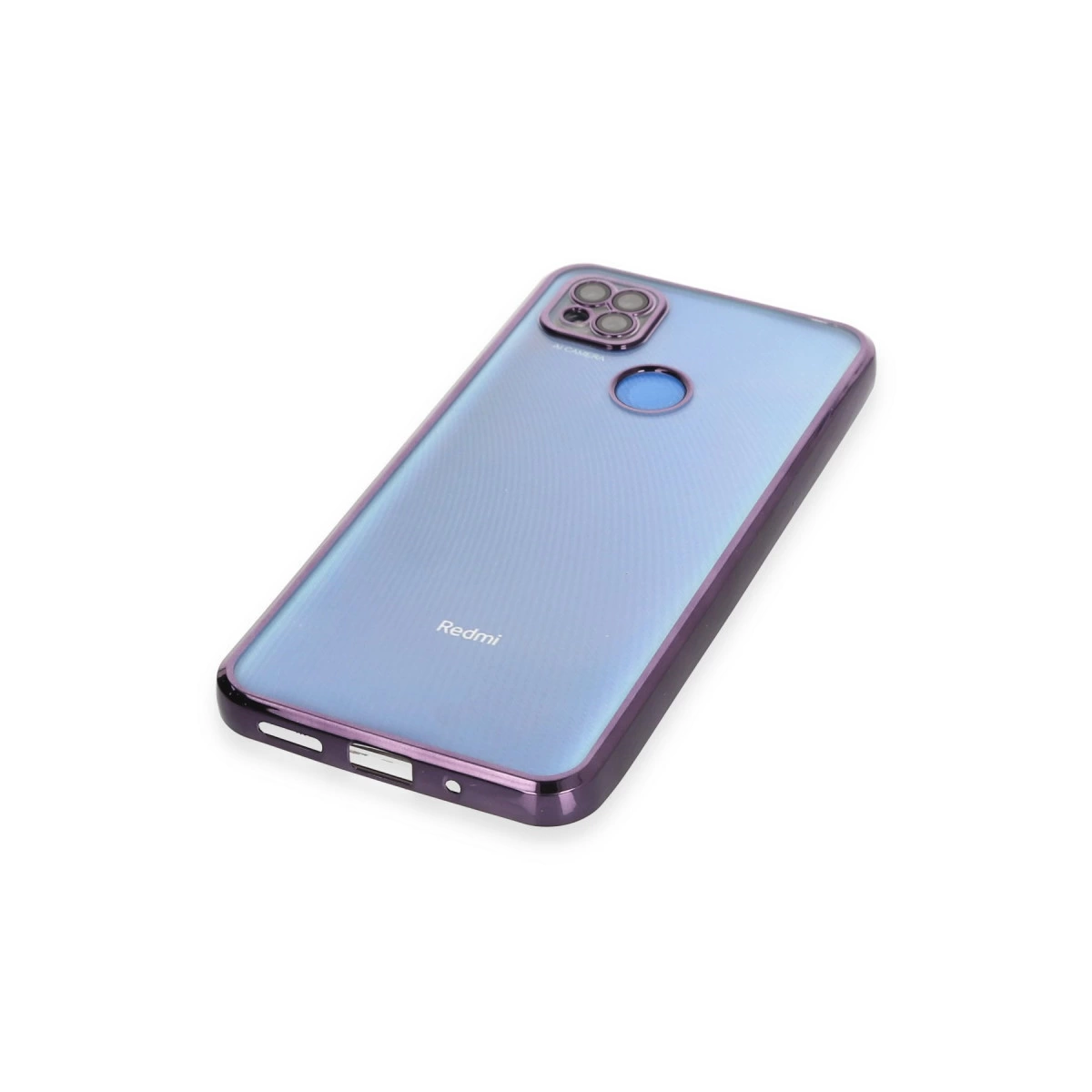 Kamera kesimli ve Redmi logolu mor telefon kılıfı beyaz zeminde.