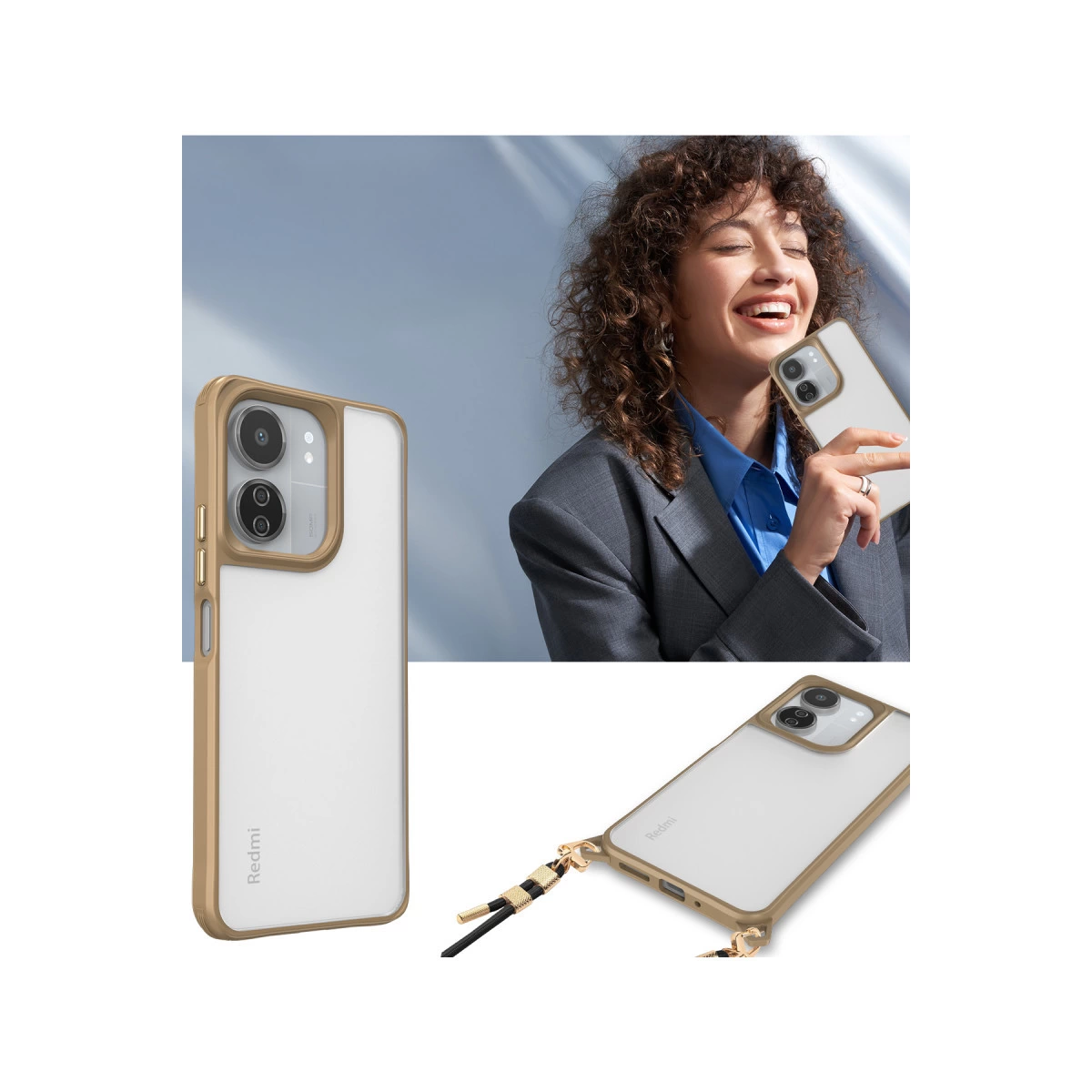 Kıvırcık saçlı bir kadın, altın kenarlı şeffaf kasalı bir akıllı telefon tutuyor.