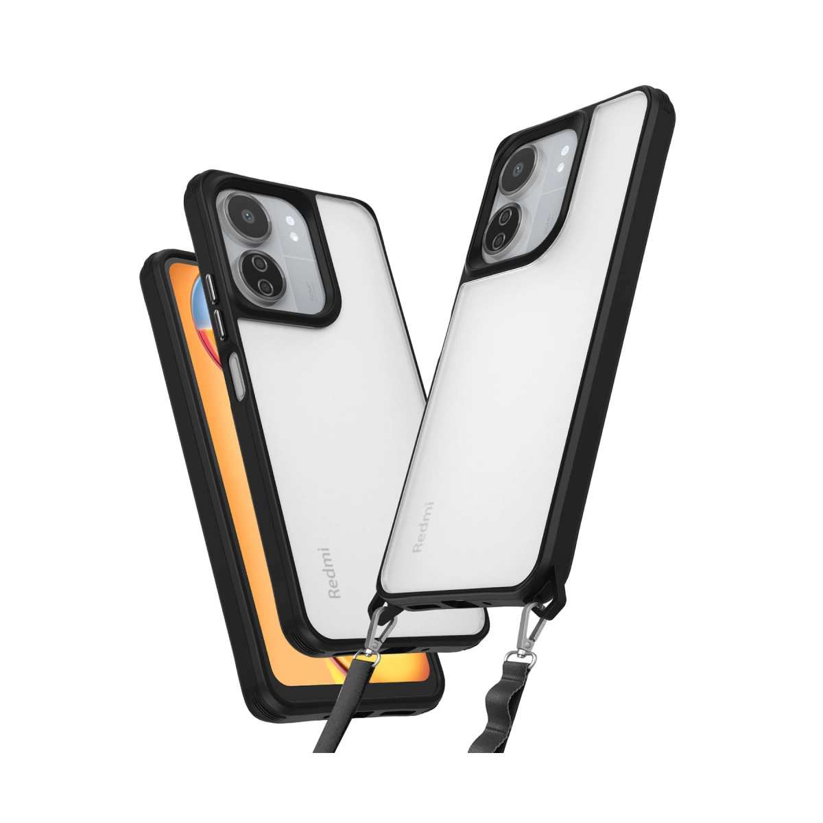 Siyah kenarlı ve kordonlu iki şeffaf telefon kılıfı.