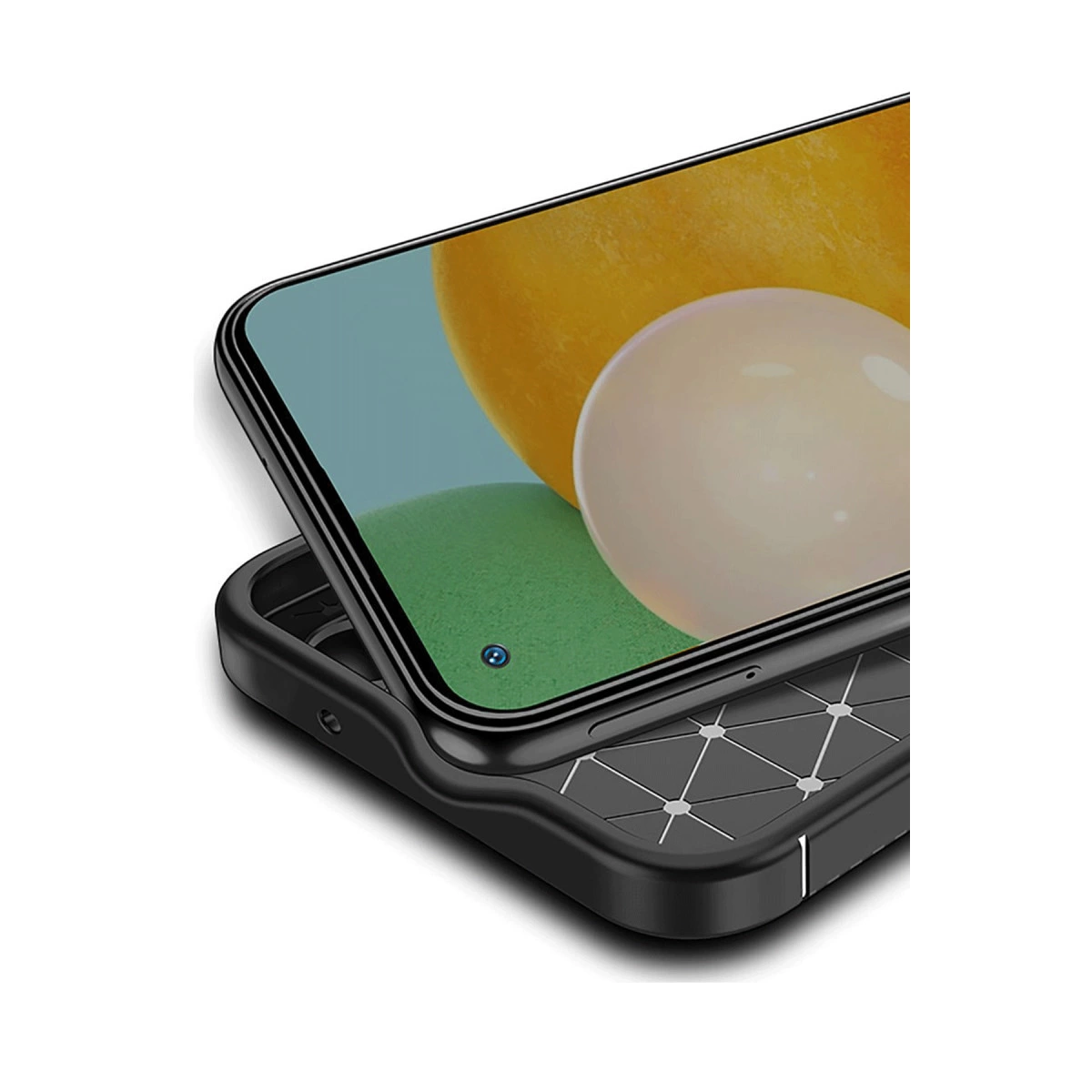Renkli duvar kağıtlı akıllı telefonda desenli siyah telefon kılıfı.