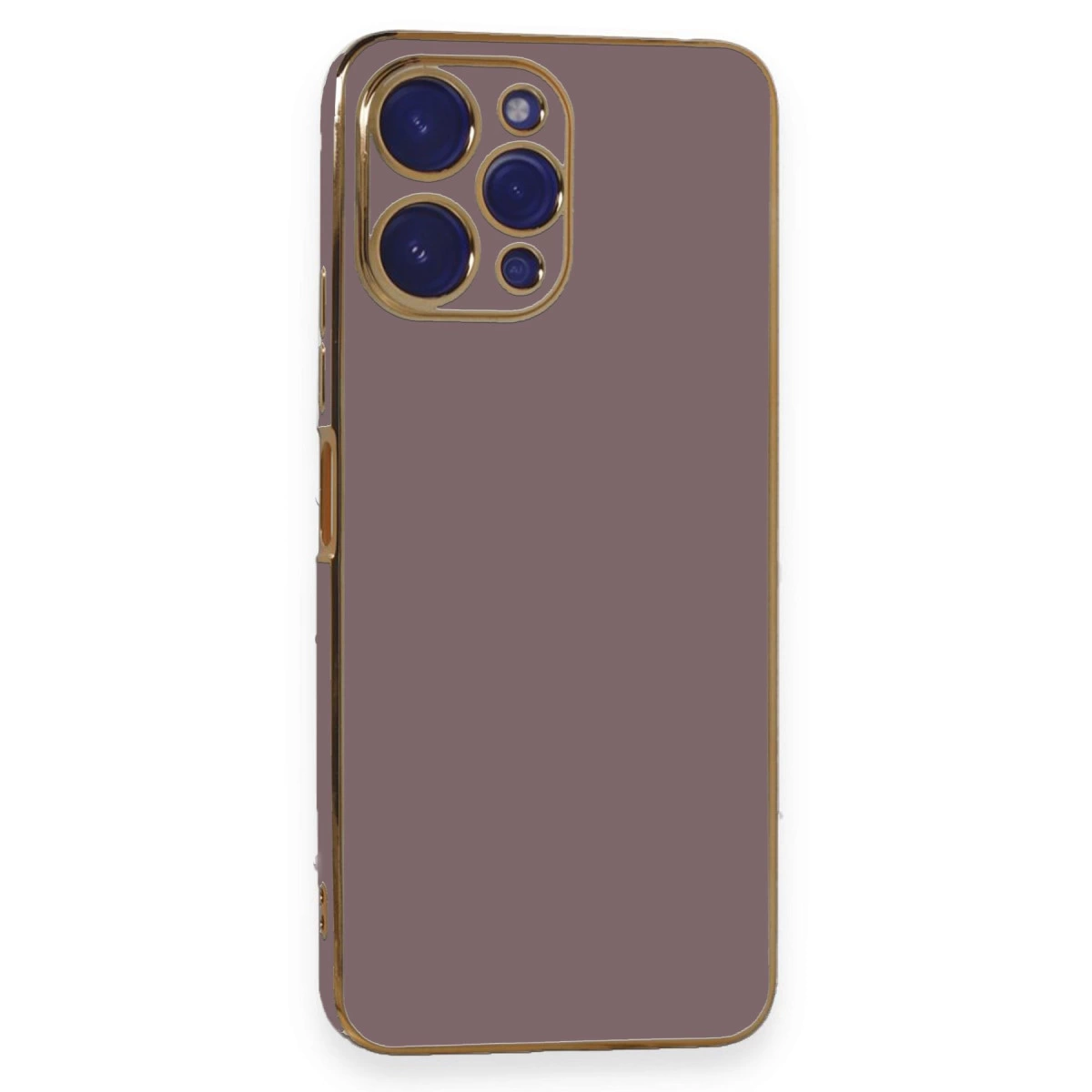 Altın kenarlı mor telefon kılıfı ve arka kamera modülü.
