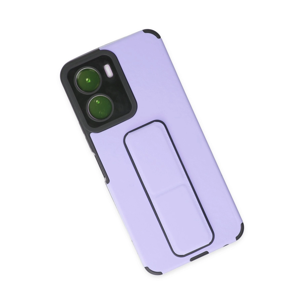 Siyah çerçeveli, iki yeşil kamera lensli mor telefon kılıfı.