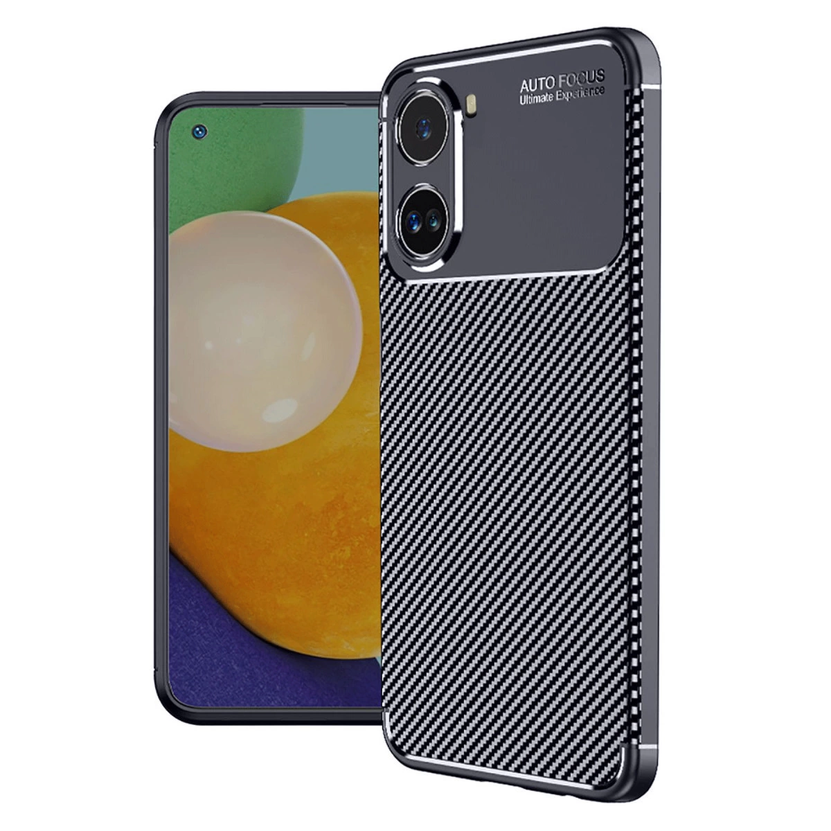 Karbon desenli ve kamera oyuklu siyah telefon kılıfı.