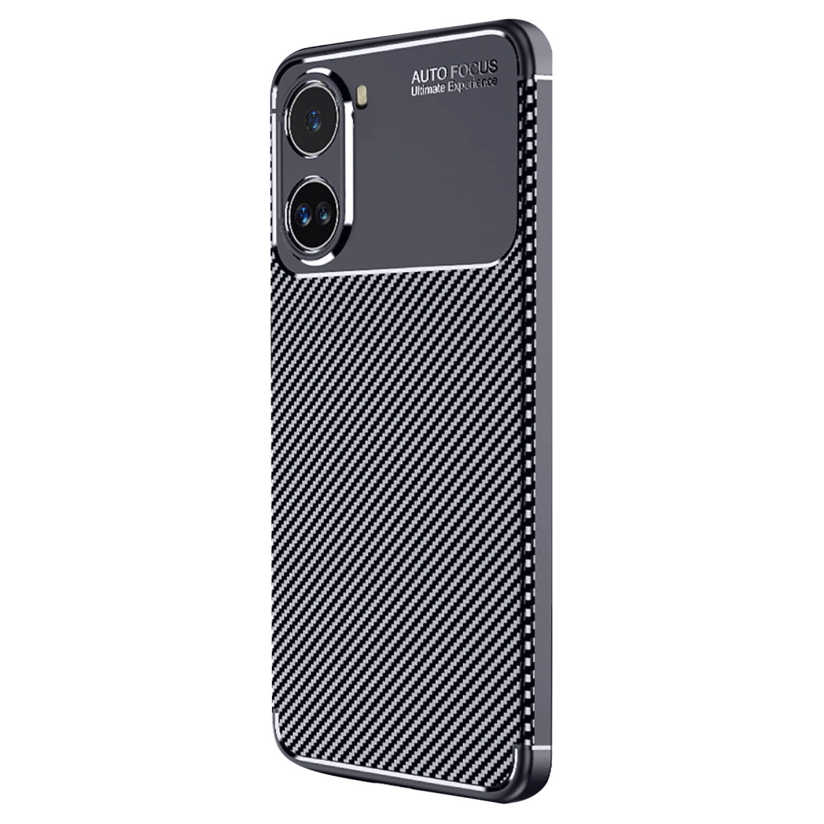 Karbon fiber desenli ve kamera dizilimli siyah akıllı telefonun arkası.