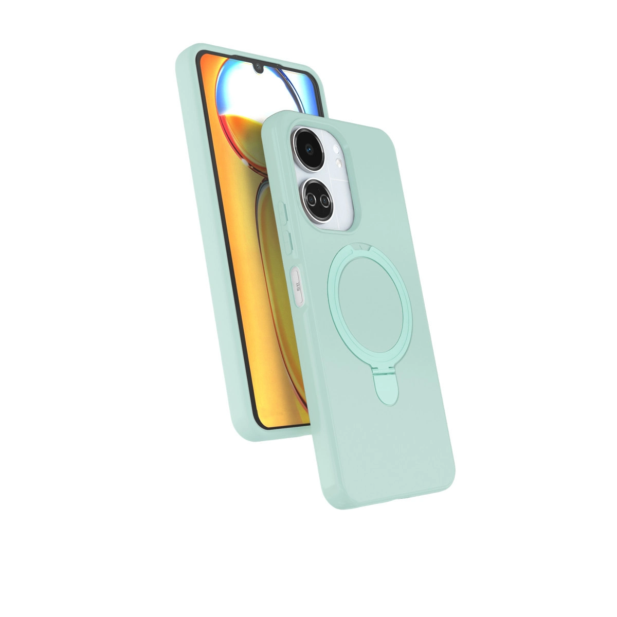 Nane yeşili renkte, halka tutuculu ve kamera lensli telefon, beyaz arka plan üzerinde.