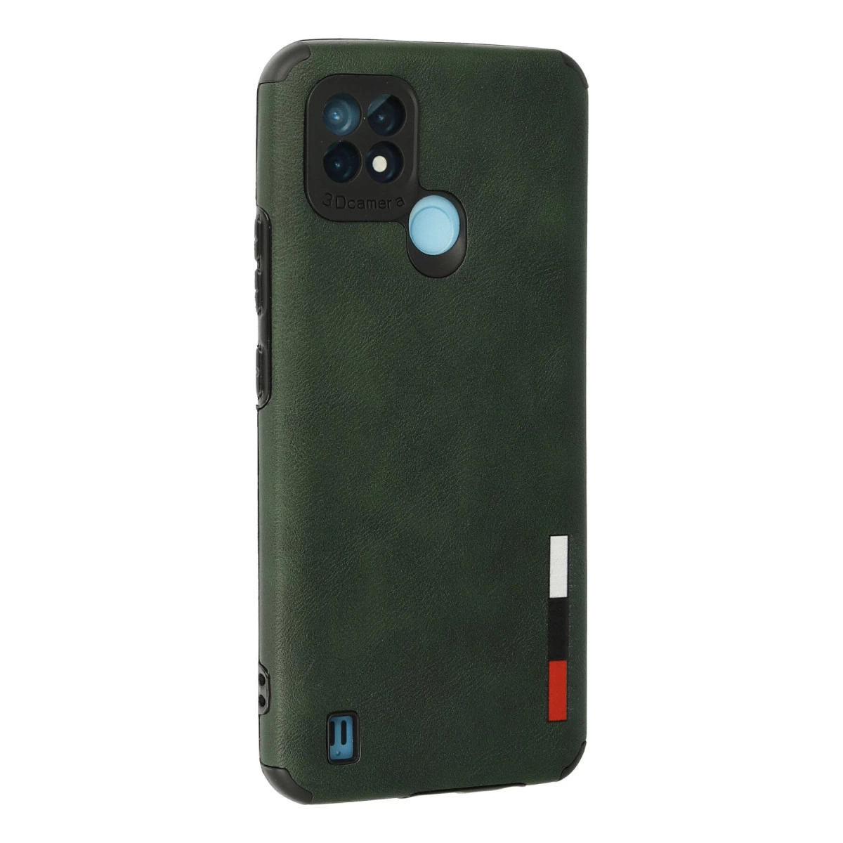 Koyu yeşil telefon kılıfı, kamera kesiği ve yanlarda dekoratif şeritler.
