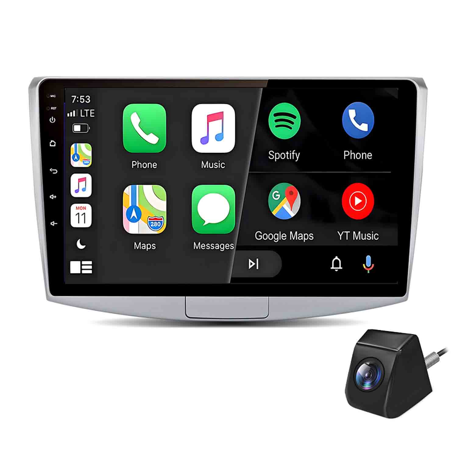 Ein Auto-Infotainment-Bildschirm zeigt App-Icons wie Telefon, Musik und Karten. Daneben liegt eine Rückfahrkamera.