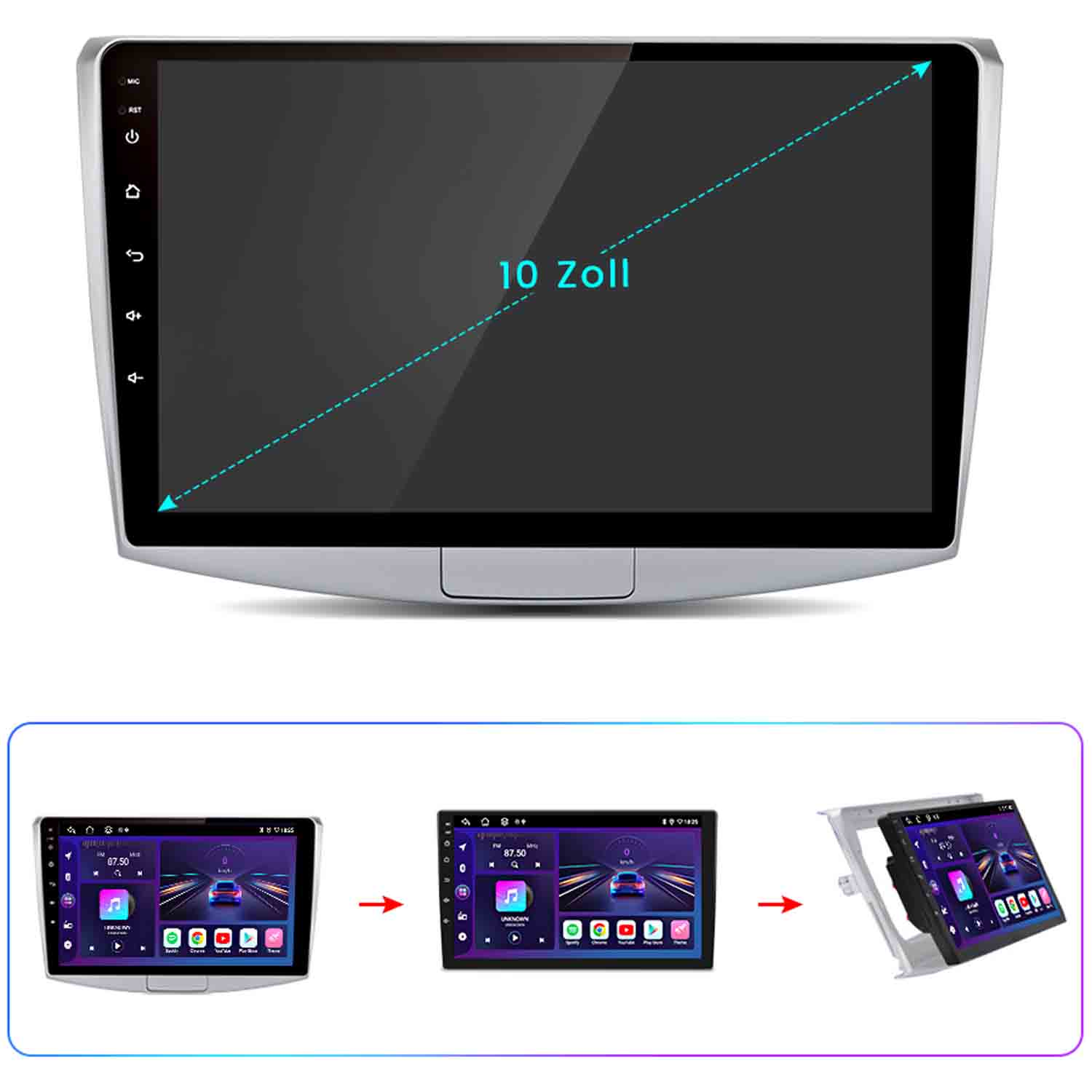 Ein 10-Zoll-Autoradio-Bildschirm mit Navigations- und Medien-Apps.