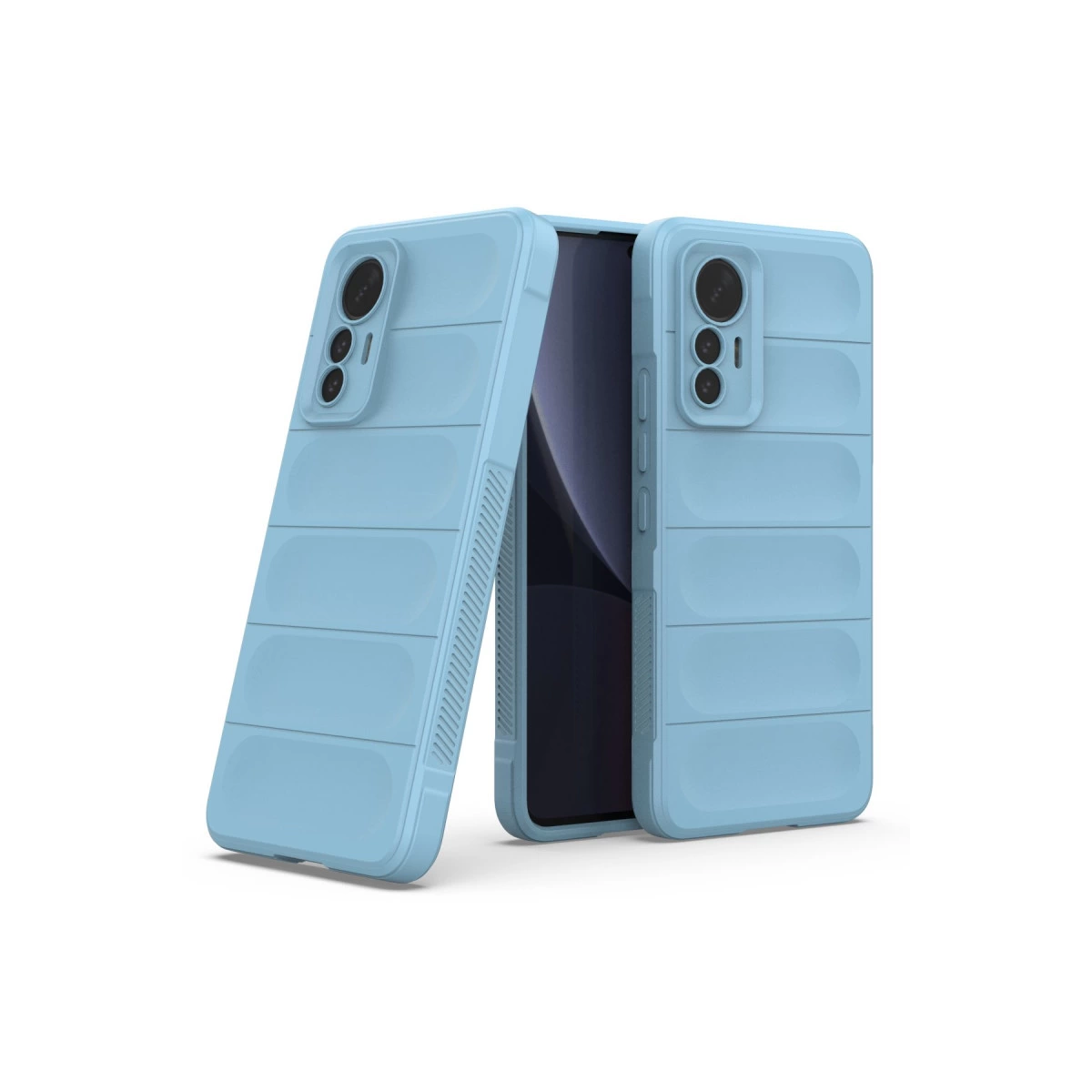 Arkası beyaz, nervürlü desene sahip iki açık mavi telefon kılıfı.
