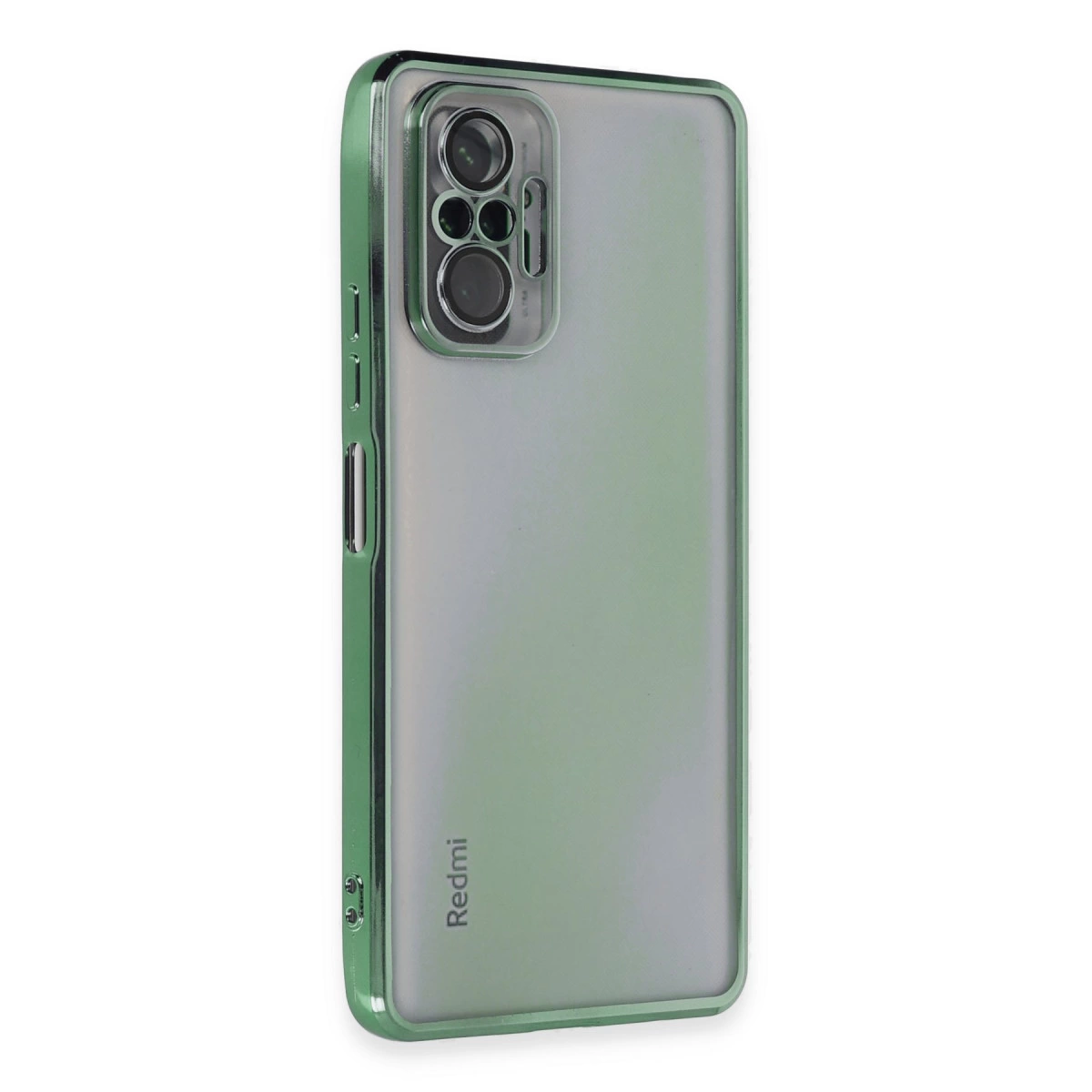 Şeffaf kılıflı ve kamera modüllü yeşil telefon.
