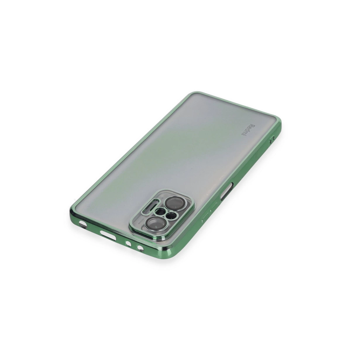 Şeffaf arka ve kamera kesimli yeşil telefon kılıfı.