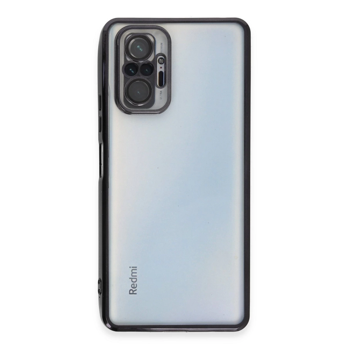 Kamera oyuntulu ve "Redmi" logolu şeffaf telefon kılıfının arkası.