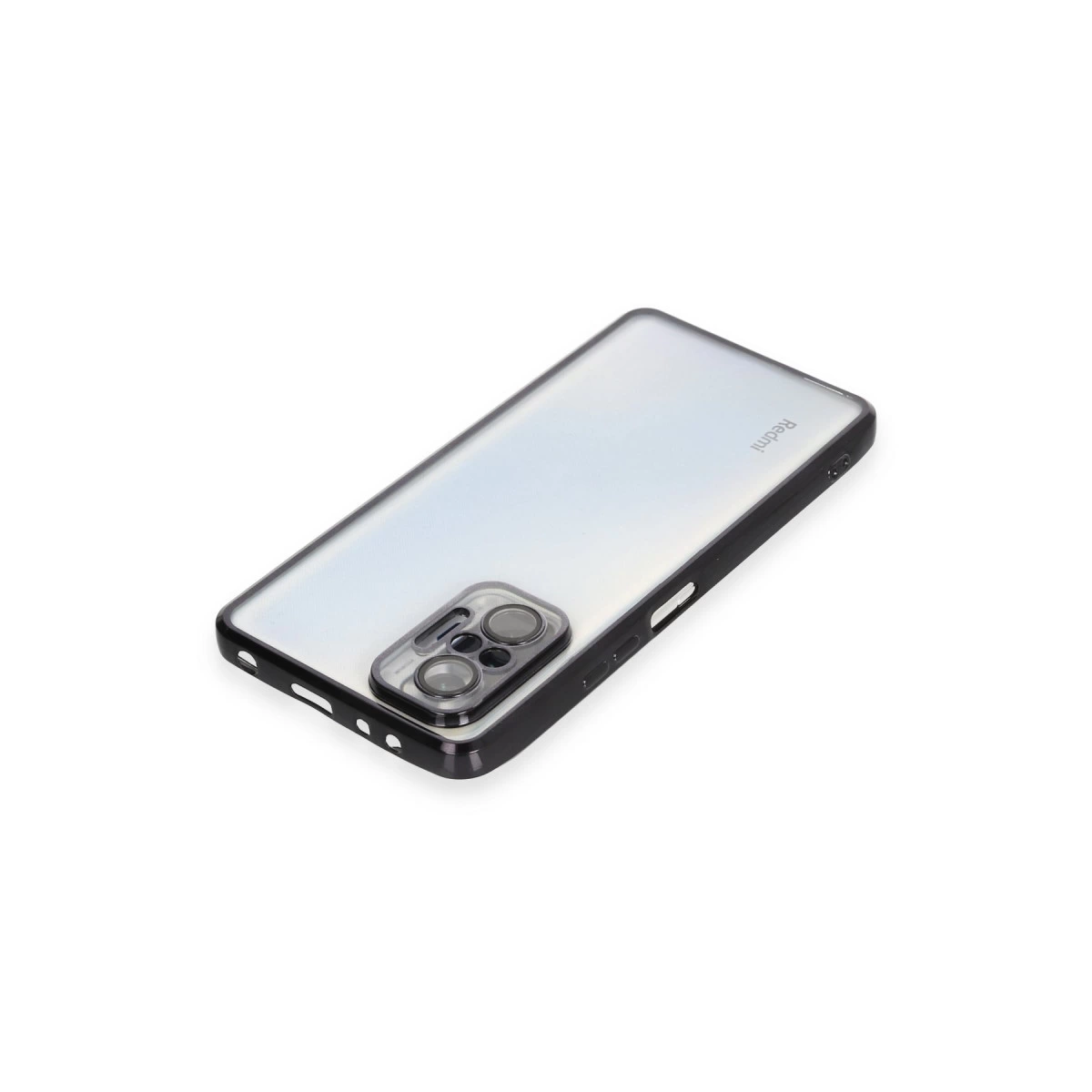 Siyah çerçeveli ve kamera yuvalı şeffaf telefon kılıfı.