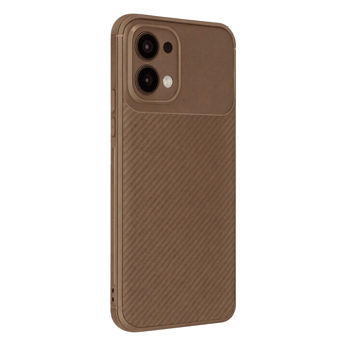 Karbon fiber dokulu, üstte kamera çıkıntılı kahverengi telefon kılıfı.