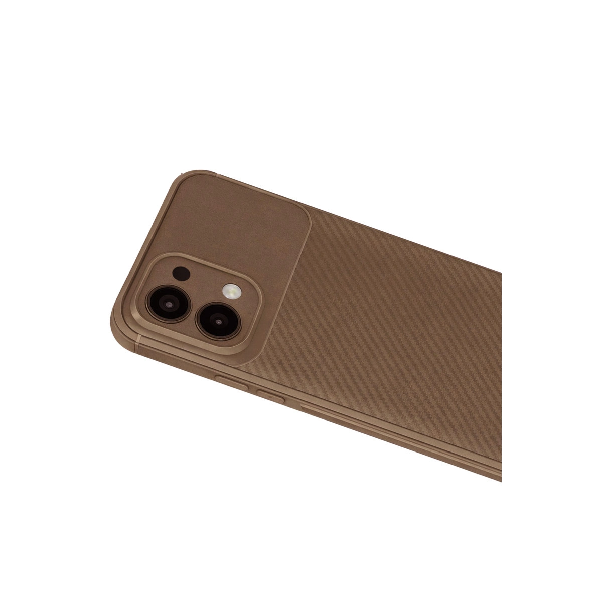 Karbon fiber dokulu, çift kamera kesimli kahverengi telefon kılıfı.