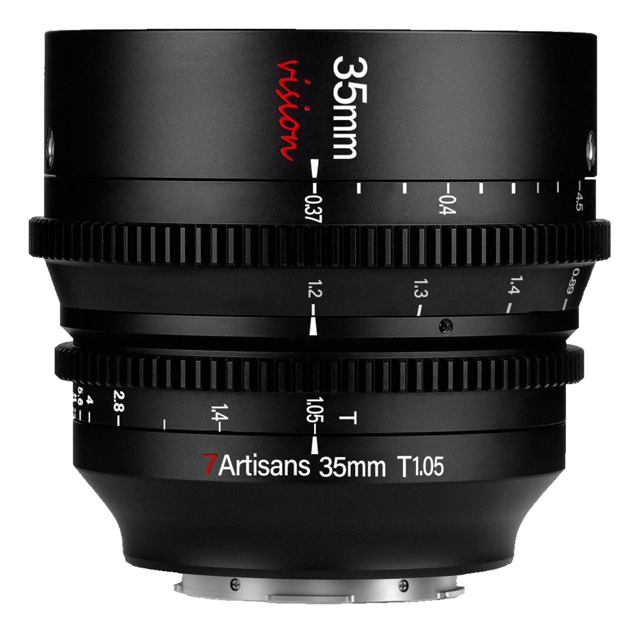 Zwarte 7 Artisans 35mm T1.05 lens met focus- en diafragmakenmerken.