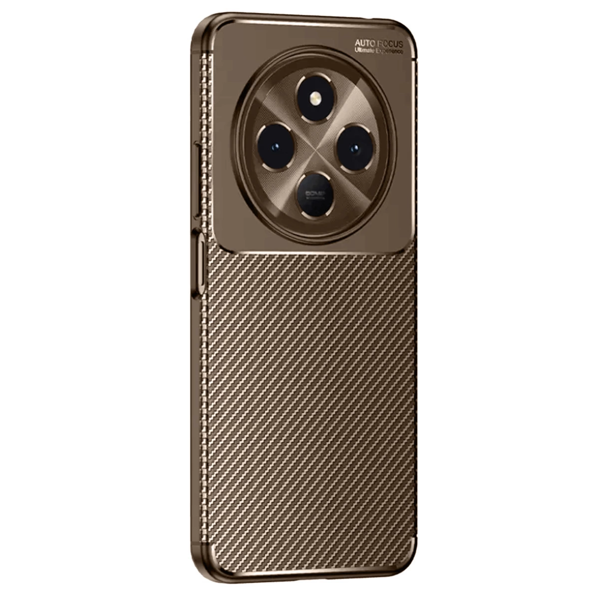 Karbon fiber desenli ve dörtlü kamera kesimli kahverengi telefon kılıfı.