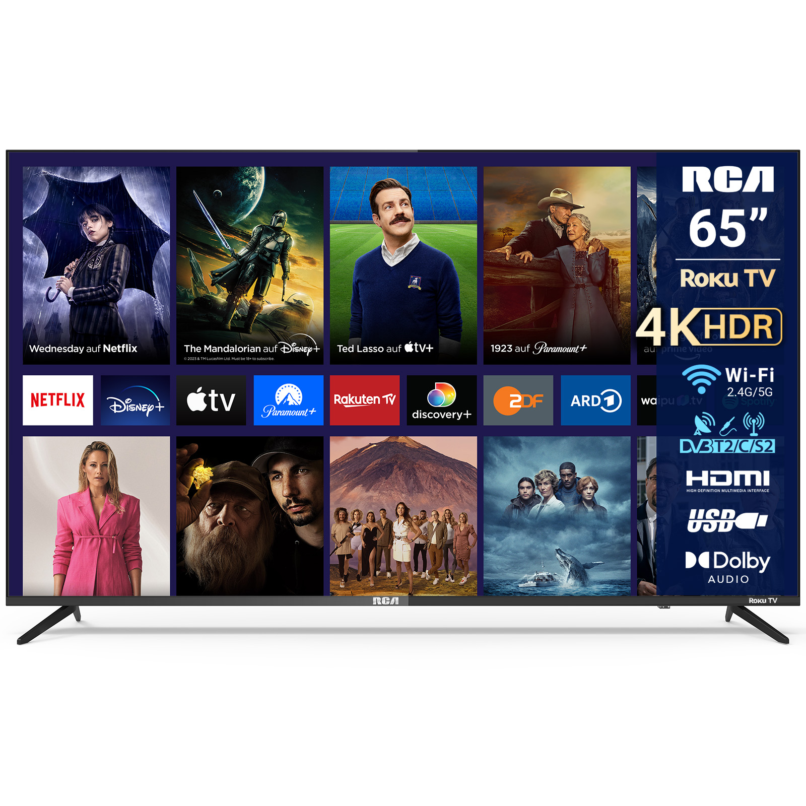 Ein 65-Zoll-Roku-4K-HDR-Fernseher zeigt eine Auswahl von Streaming-Apps und Film-Thumbnails.