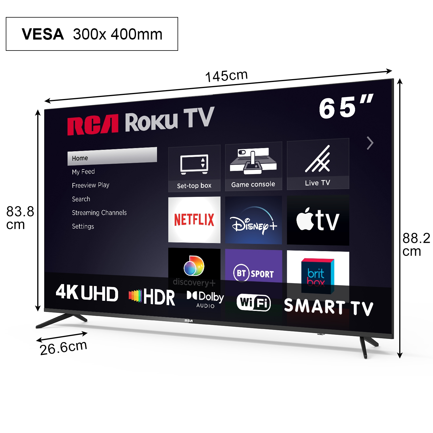 65-Zoll-RCA-Roku-Smart-TV mit VESA 300x400mm. Maße: 145cm Breite, 83.8cm Höhe, 26.6cm Tiefe.