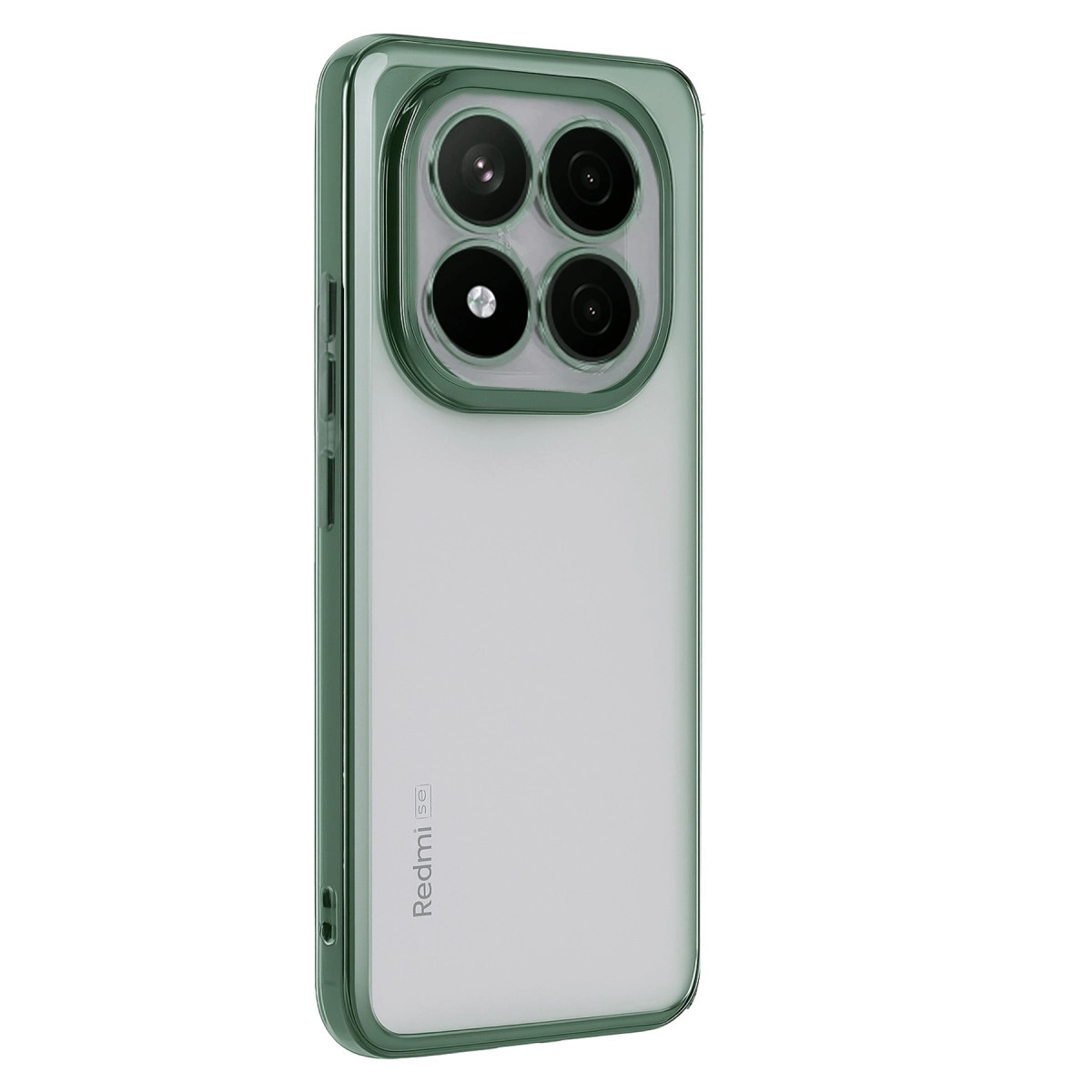 Arkada dört kamerası olan koyu yeşil telefon, beyaz arka plan üzerinde.