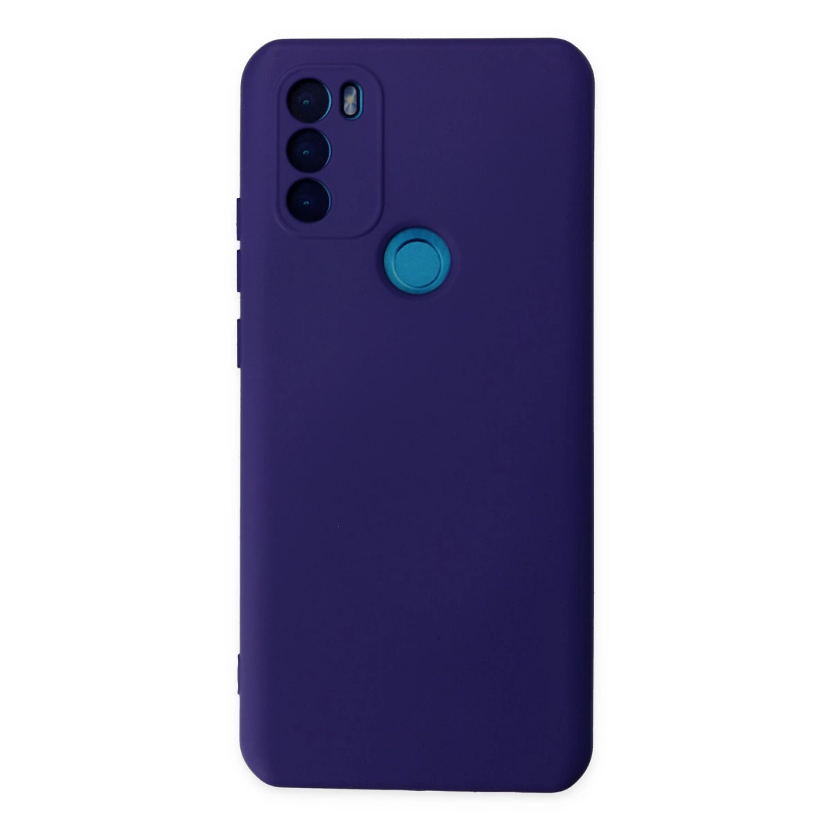 Üç kamera lensi ve mavi parmak izi sensörlü koyu mor telefon kılıfı.