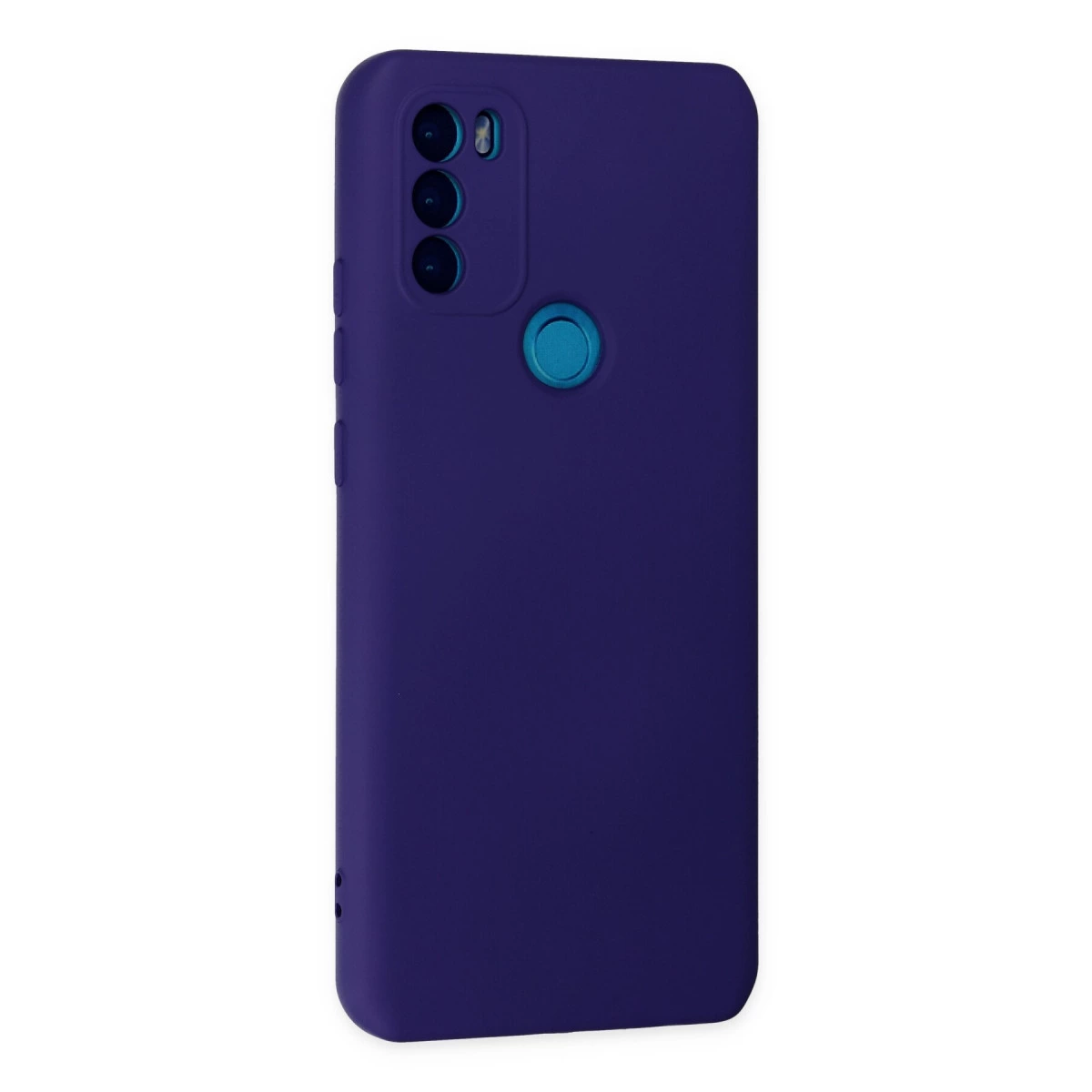Üçlü kamera ve dairesel kesimli koyu mor telefon kılıfı.