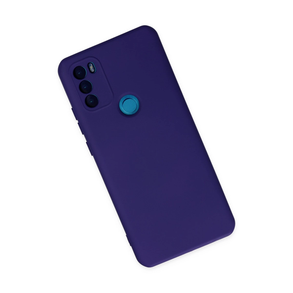 Üç kameralı, mavi parmak izi sensörlü koyu mor telefon kılıfı.