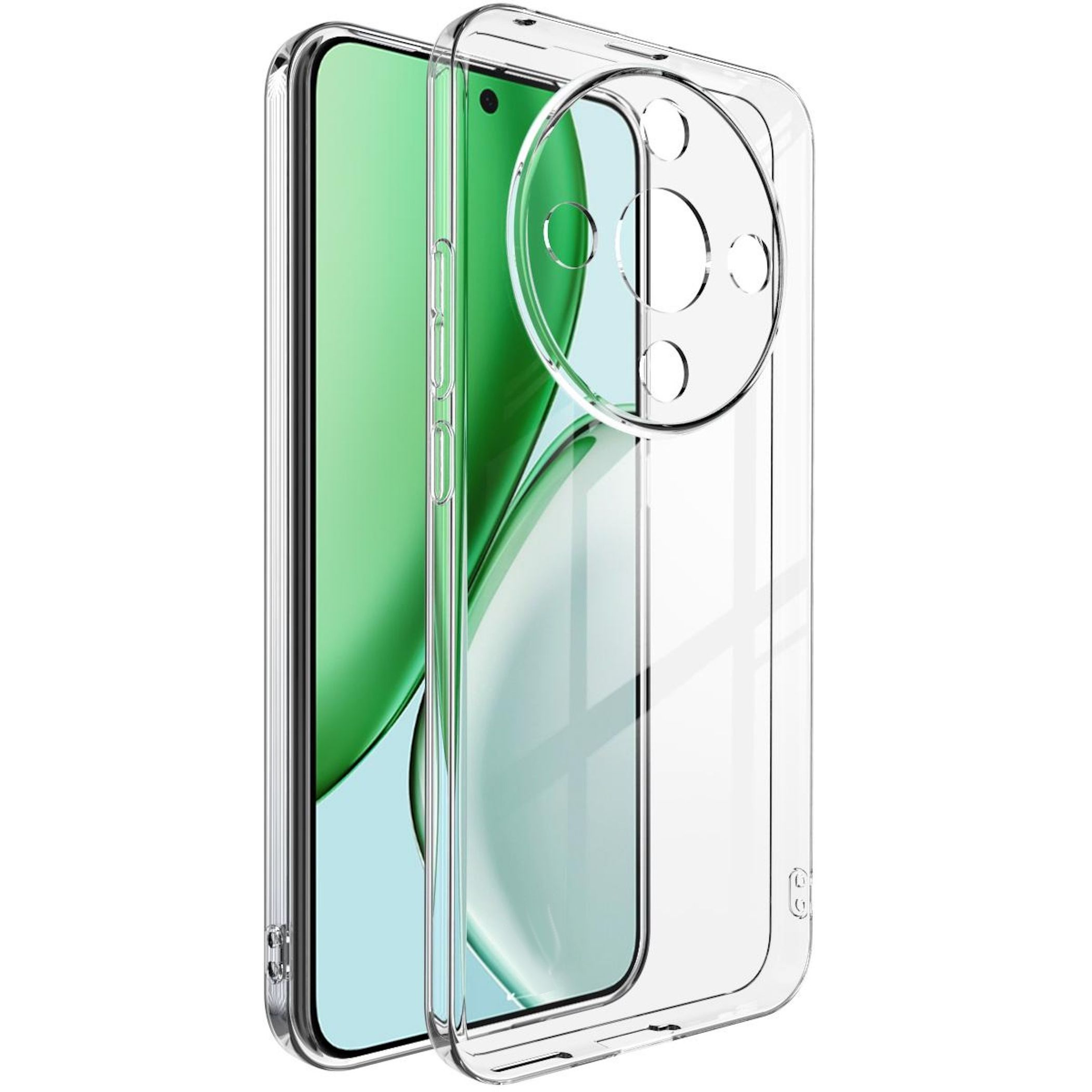Transparente Handyhülle über einem Smartphone mit grünem Hintergrund.