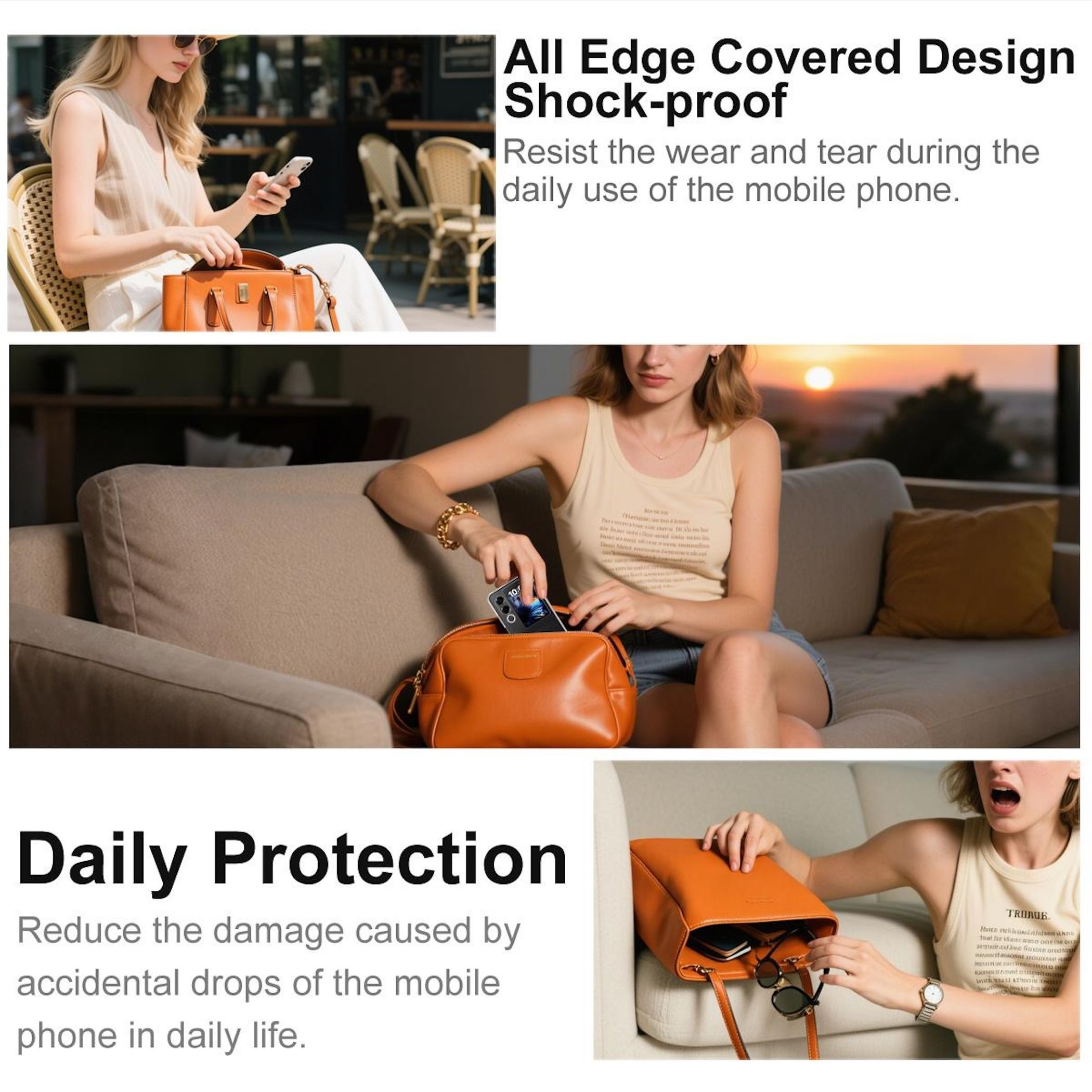 Frau legt Handy in orangefarbene Tasche. Text rechts: "All Edge Covered Design".