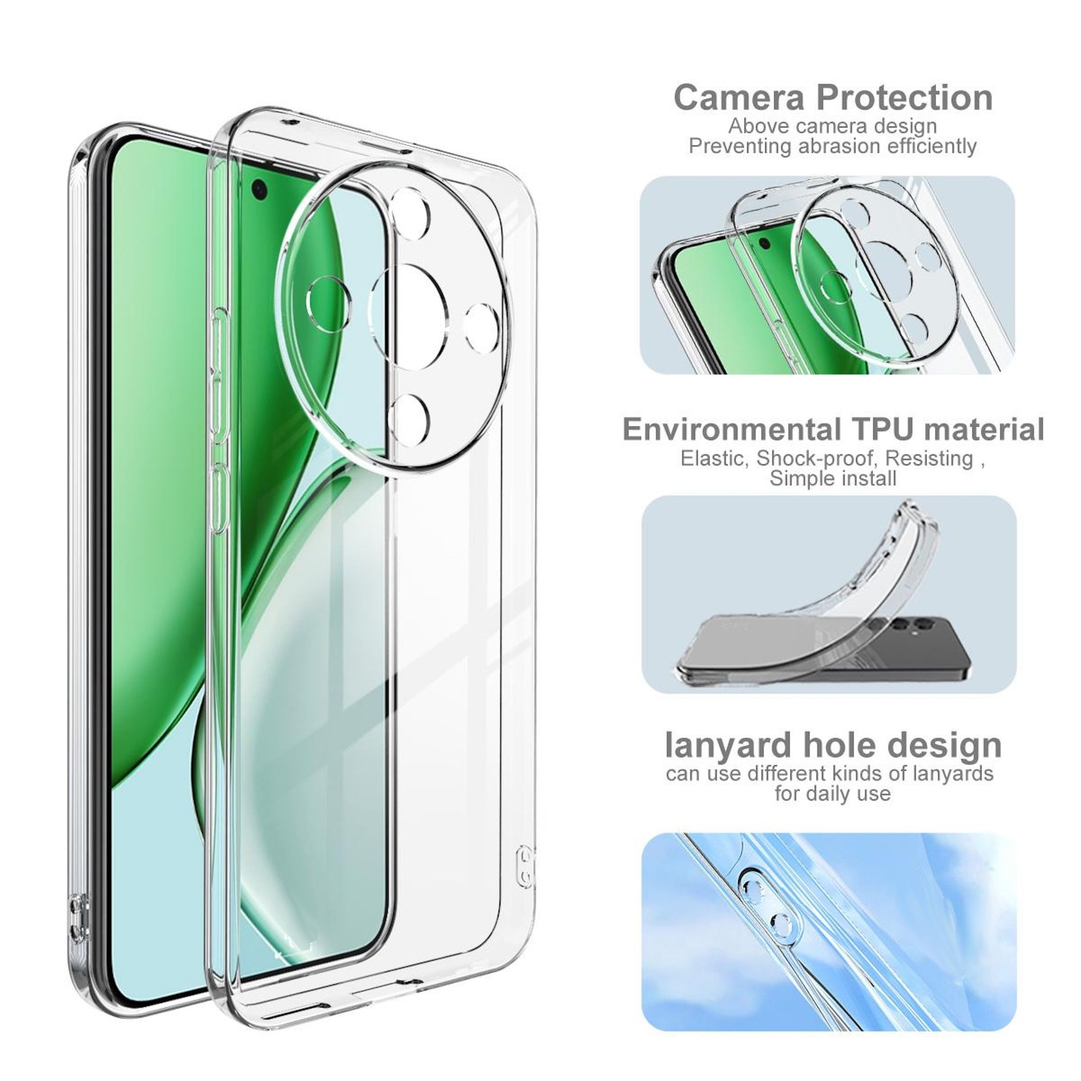 Transparente Handyhülle mit Kamera- und Lanyard-Schutz.