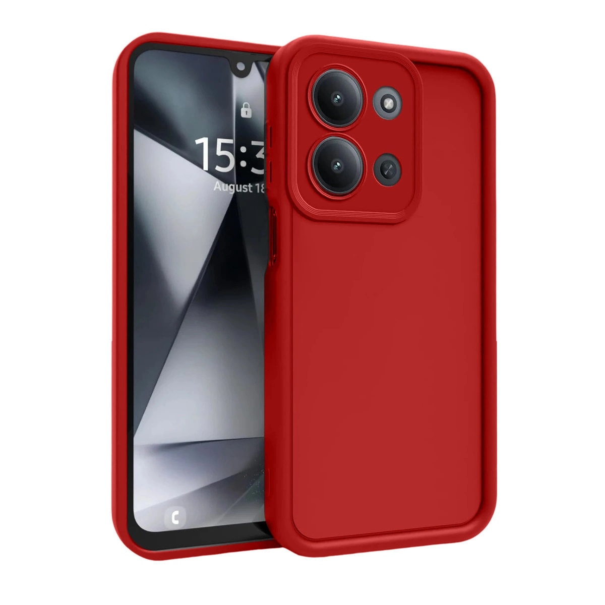 Arkada iki kamera lensi ve flaşlı kırmızı telefon kılıfı.