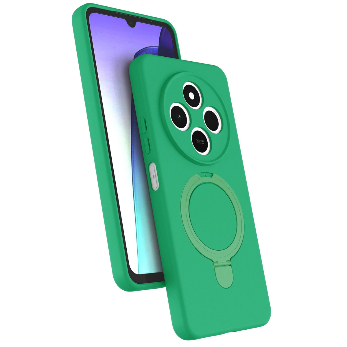 Dört kameralı yeşil telefon kılıfı ve halka tutucu beyaz arka planda.