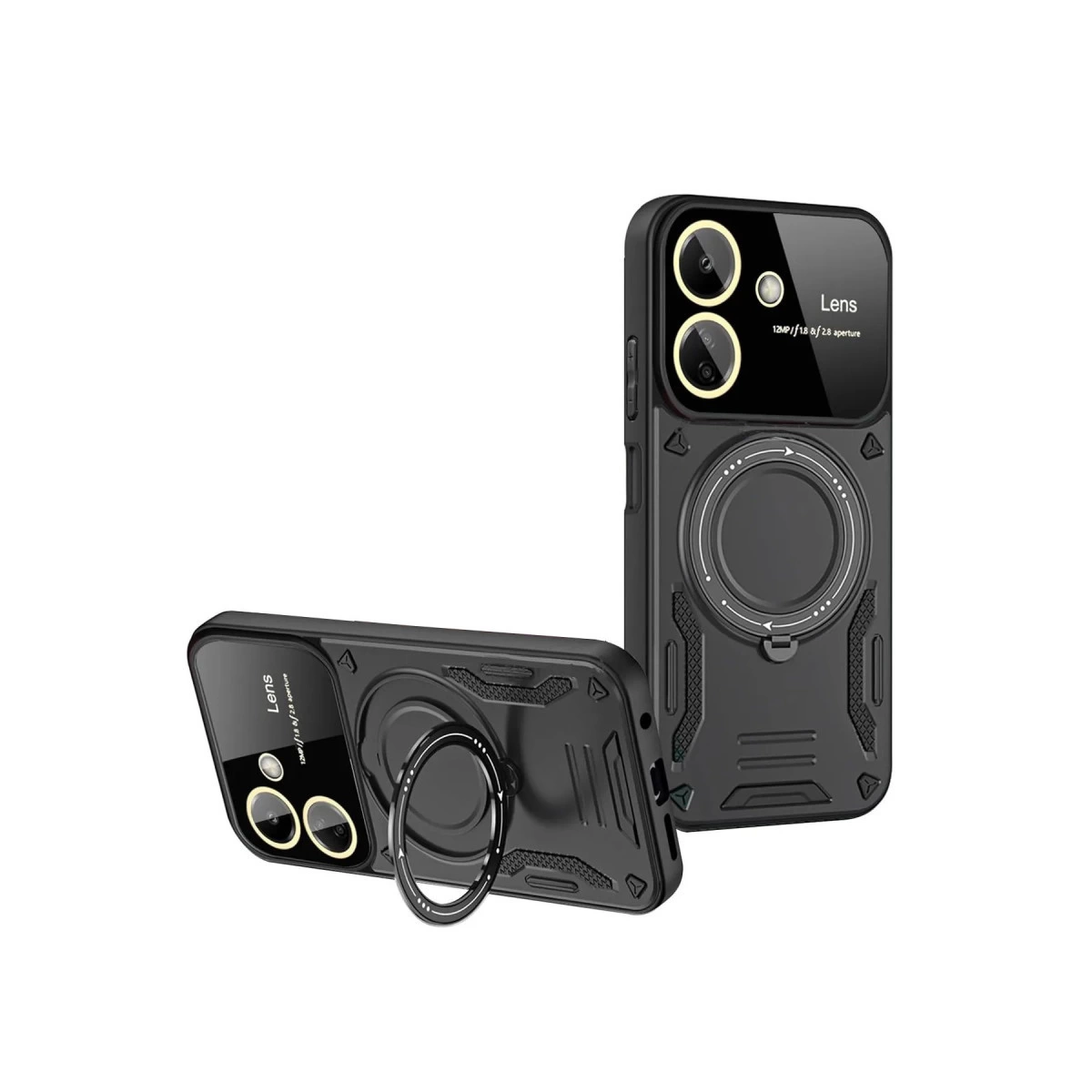 Halka tutuculu ve kamera kesimli iki siyah telefon kılıfı.
