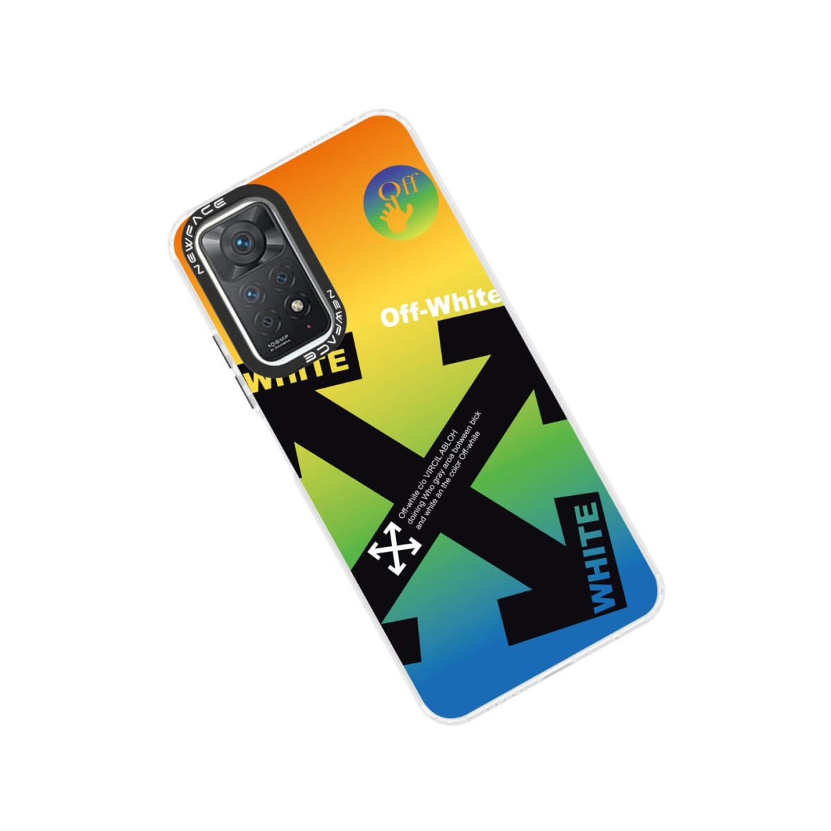 Off-White logolu ve siyah oklarla renkli telefon kılıfı.
