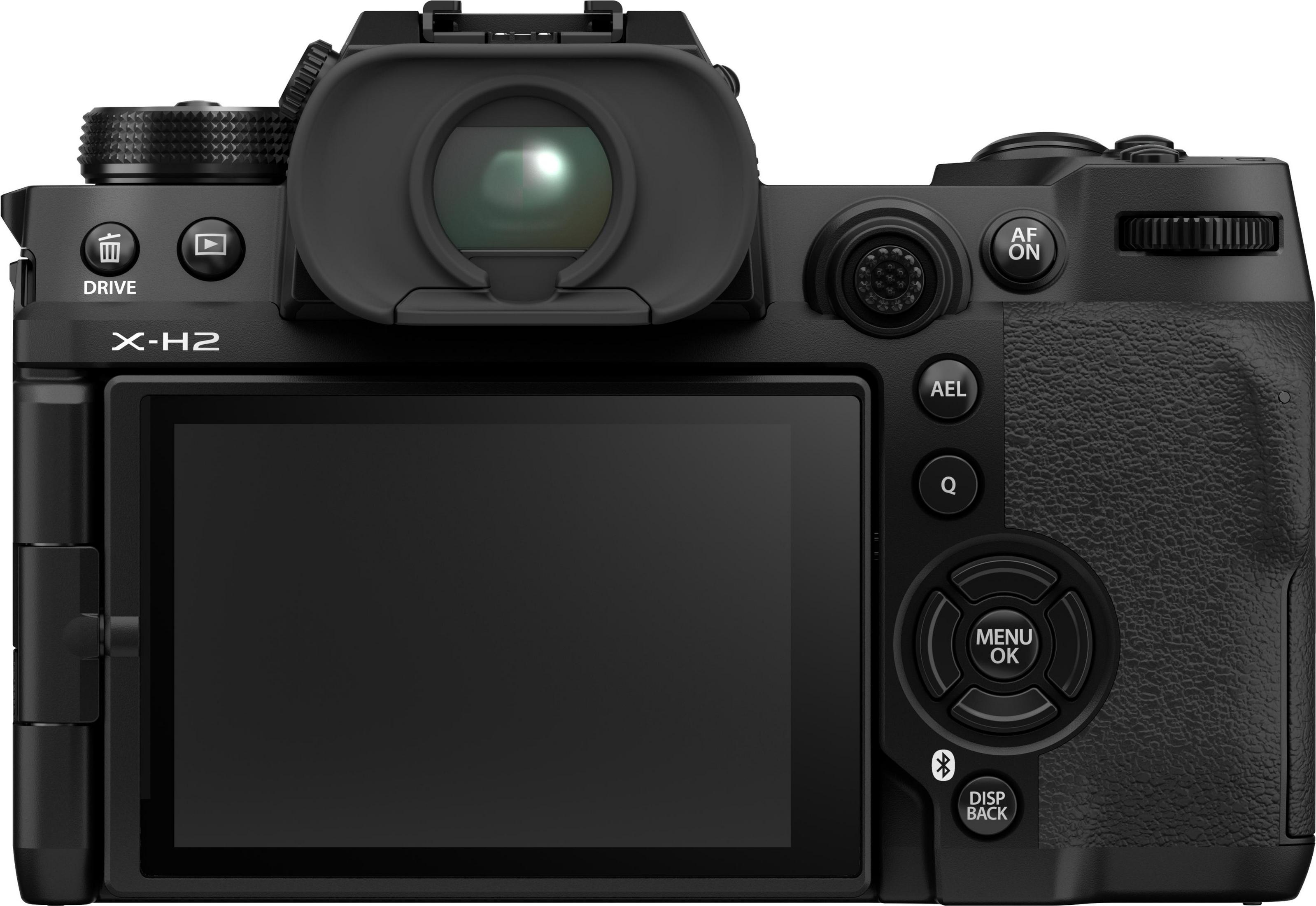 Achterkant van een zwarte Fujifilm X-H2 digitale camera, met LCD-scherm en bedieningsknoppen.