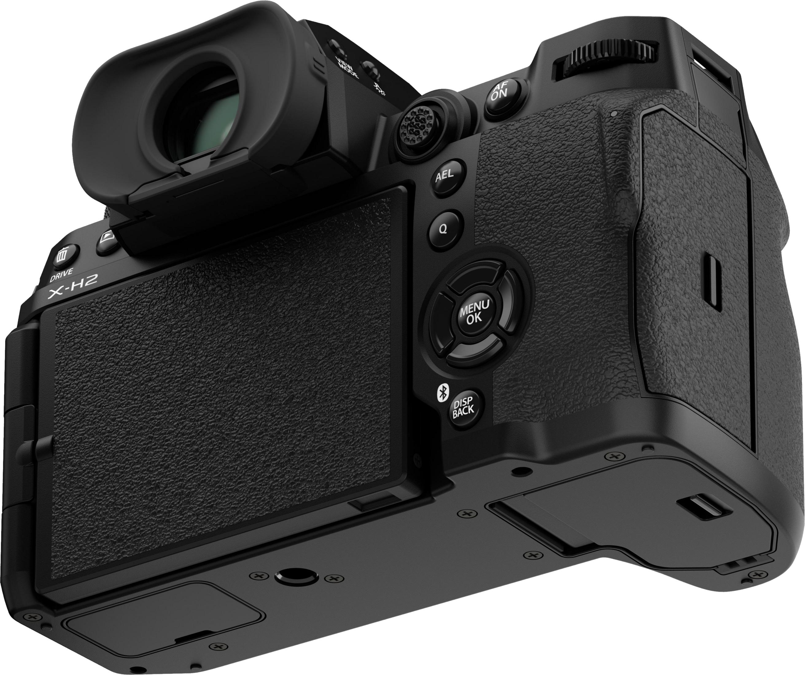 Rear view of a black Fujifilm X-H2 digital camera with a flip-out screen and viewfinder.