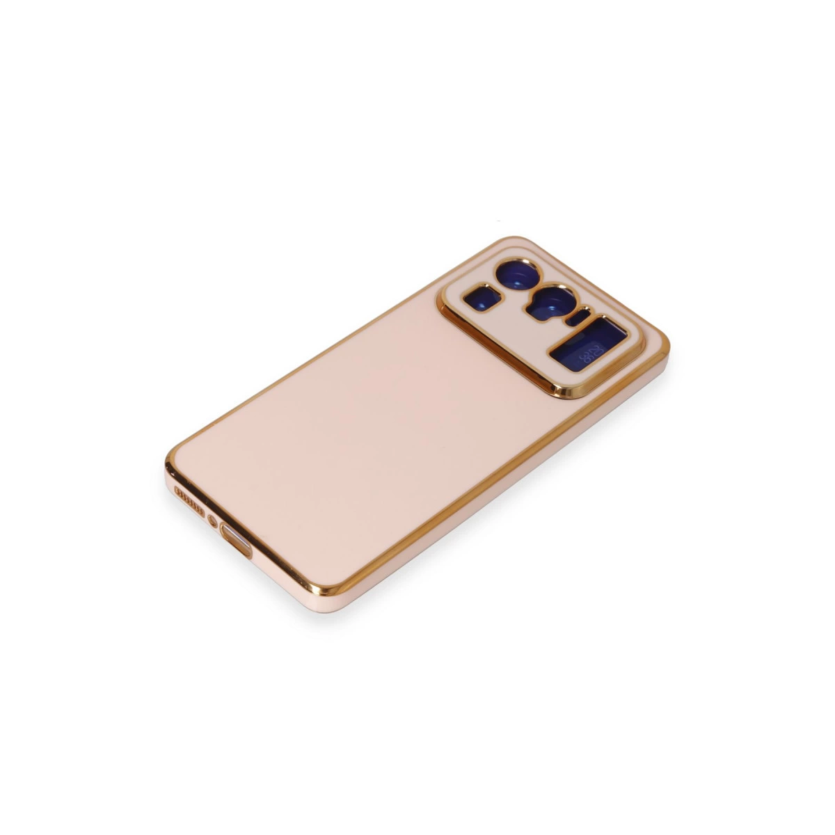 Altın kenarlı, soluk pembe telefon kılıfı ve kamera modülü.