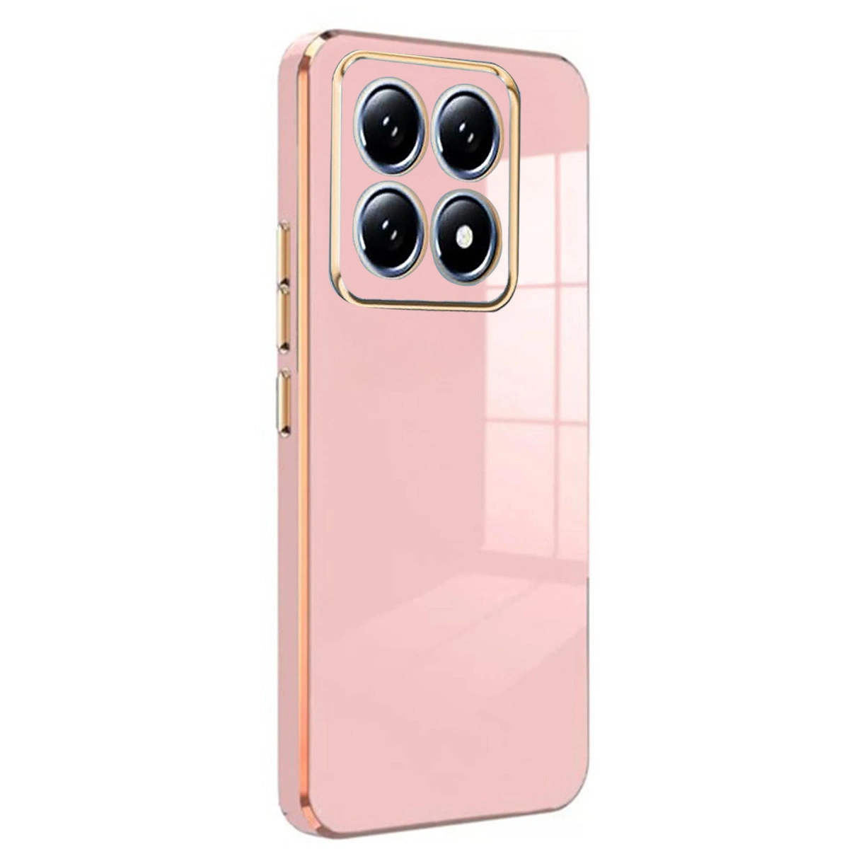Dört kamera lensli ve altın çerçeveli pembe telefon kılıfı.