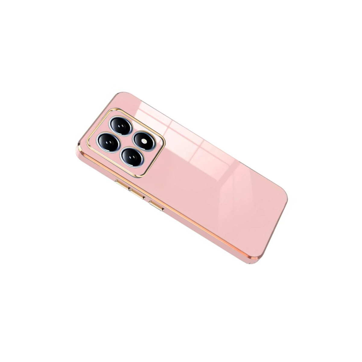 Dört kameralı pembe telefon kılıfı, beyaz arka planda altın çerçeveli.