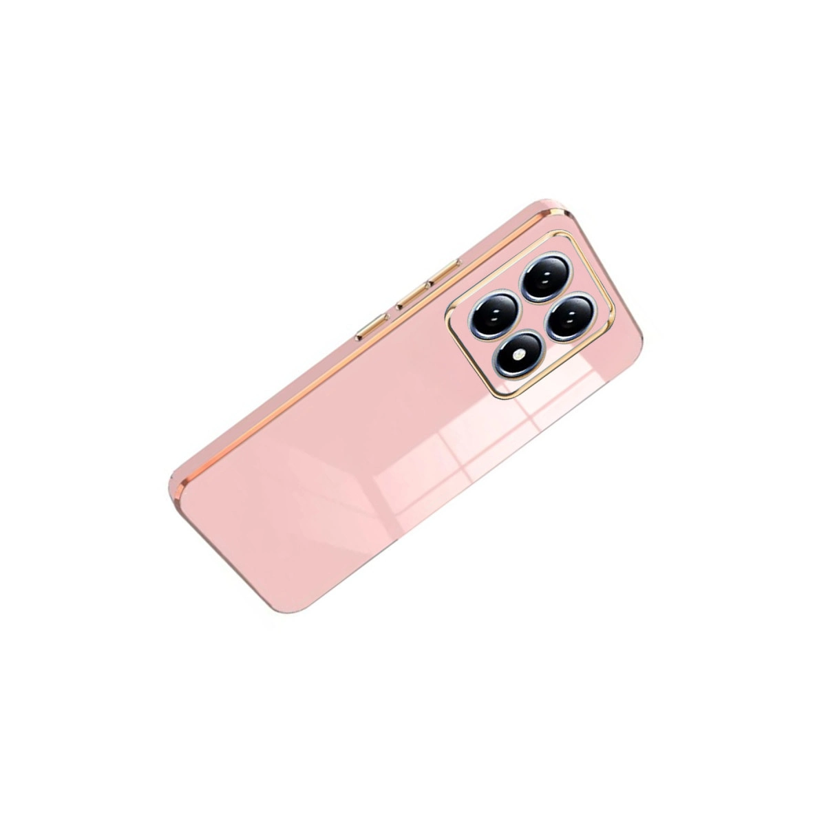 Dört kameralı, altın çerçeveli pembe telefon kılıfı.